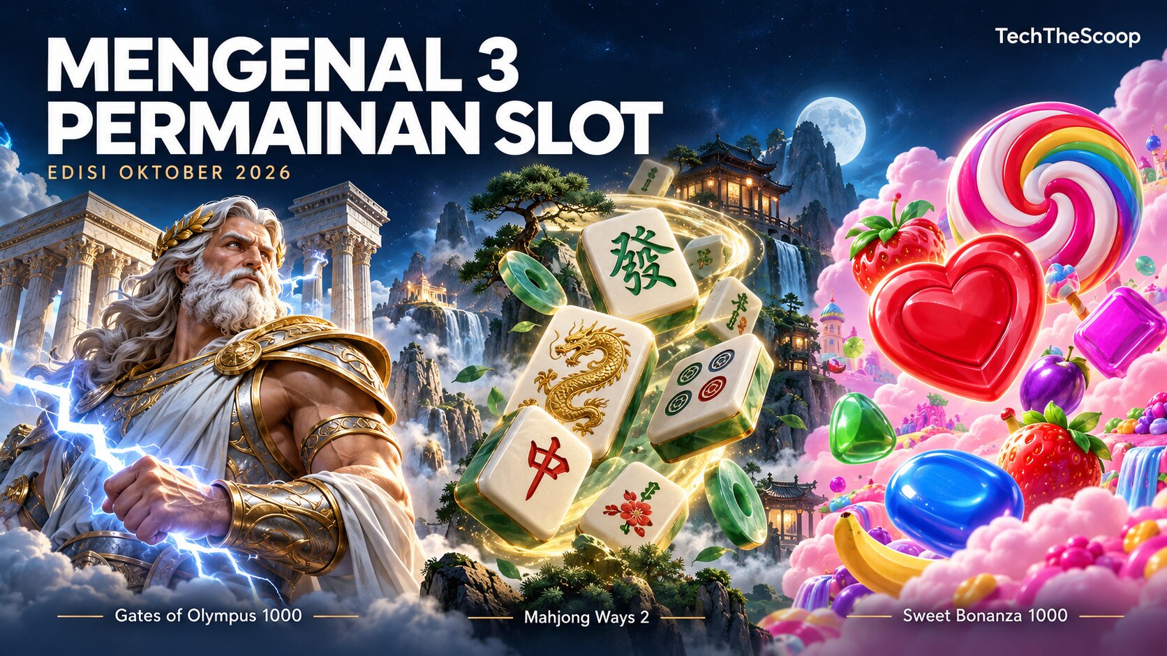 Ilustrasi Zeus, ubin mahjong, dan permen